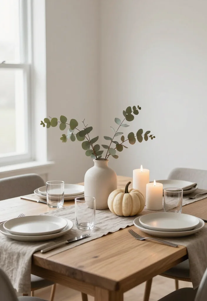 15 Serene Minimalist Thanksgiving Tablescapes That Make Neutral Decor Look Absolutely Stunning - 10. An Asymmetrical Centerpiece for a Relaxed Modern Table 1