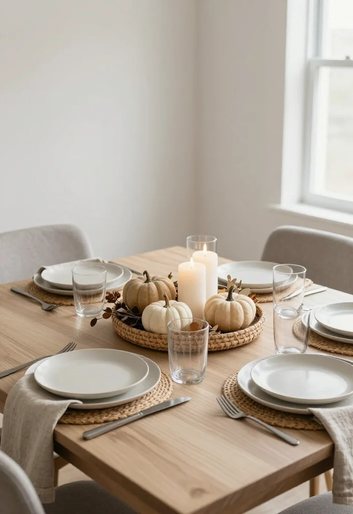 15 Serene Minimalist Thanksgiving Tablescapes That Make Neutral Decor Look Absolutely Stunning - 11. Woven Accents for a Little Rustic Texture 1