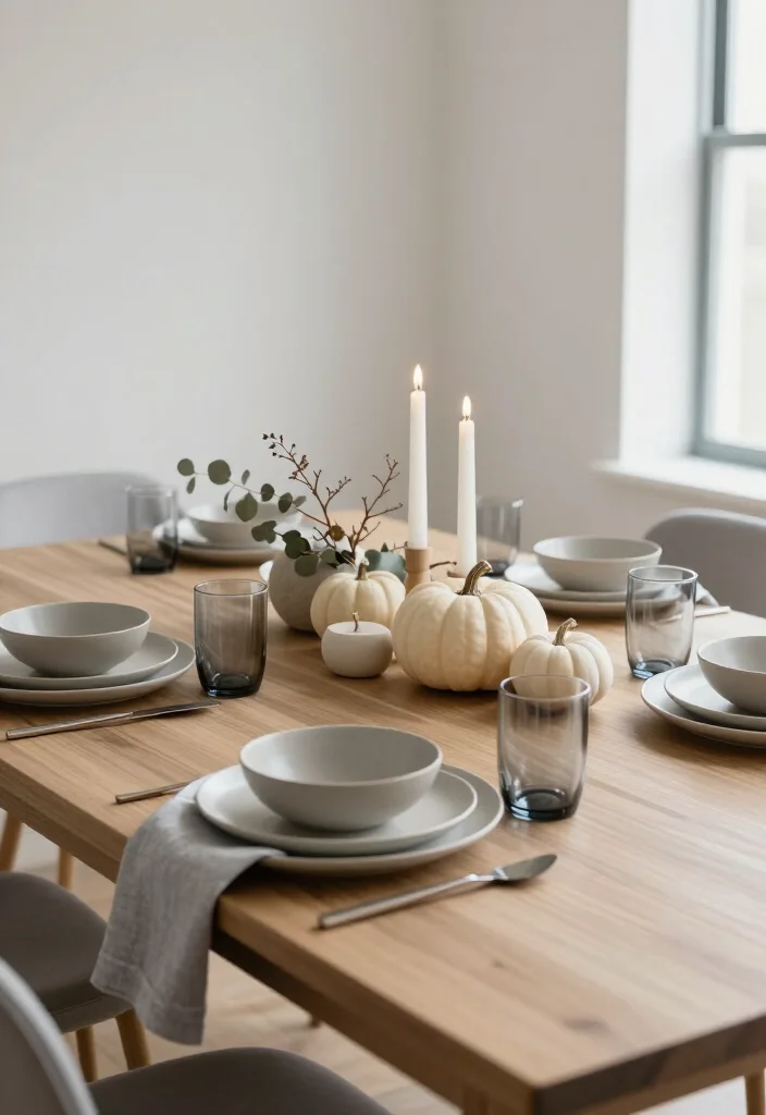 15 Serene Minimalist Thanksgiving Tablescapes That Make Neutral Decor Look Absolutely Stunning - 12. Soft Gray and Cream for a Cool, Contemporary Mood 1