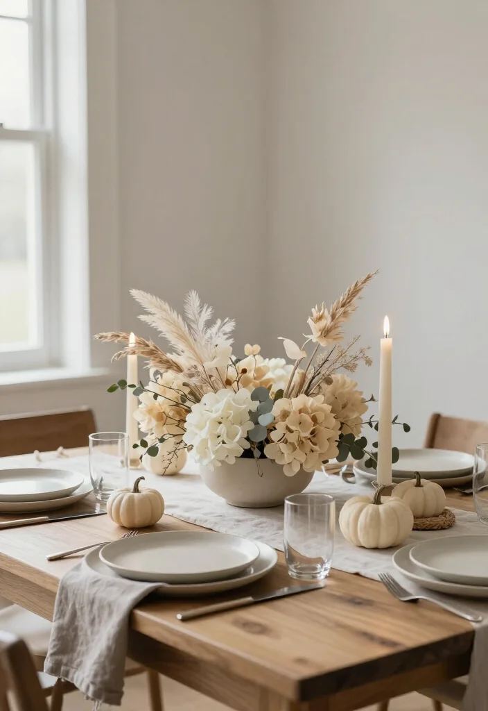 15 Serene Minimalist Thanksgiving Tablescapes That Make Neutral Decor Look Absolutely Stunning - 15. A Low Neutral Floral Arrangement for a Quiet Finishing Touch 1