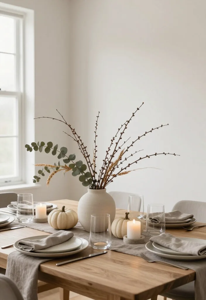 15 Serene Minimalist Thanksgiving Tablescapes That Make Neutral Decor Look Absolutely Stunning - 3. A Single Branch Centerpiece With Plenty of Breathing Room 1