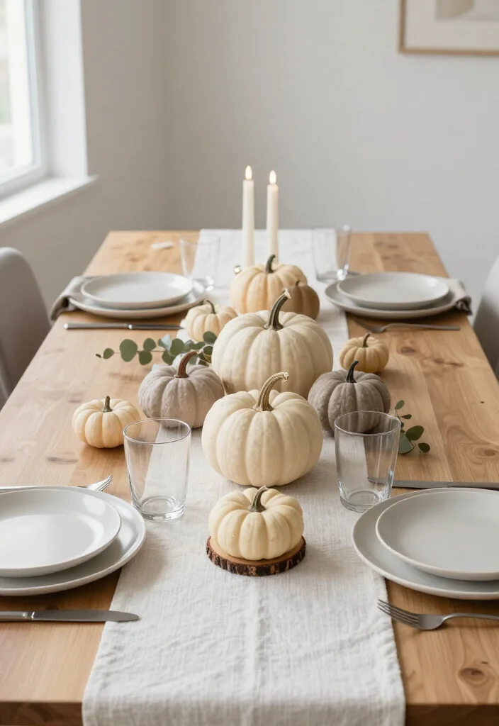 15 Serene Minimalist Thanksgiving Tablescapes That Make Neutral Decor Look Absolutely Stunning - 5. Ivory Pumpkins Used as a Soft, Sculptural Accent 1