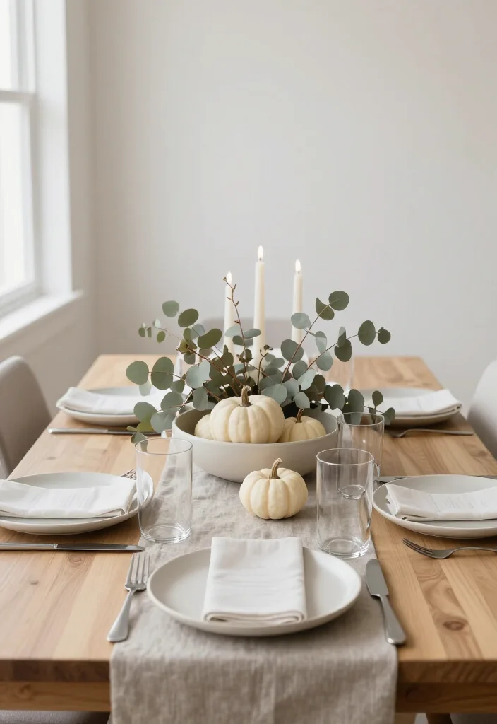 15 Serene Minimalist Thanksgiving Tablescapes That Make Neutral Decor Look Absolutely Stunning - 7. Eucalyptus and Muted Foliage for a Fresh, Airy Centerpiece 1