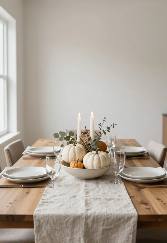 15 Serene Minimalist Thanksgiving Tablescapes That Make Neutral Decor Look Absolutely Stunning - 8. A Taupe Runner That Defines the Center Without Taking Over 1