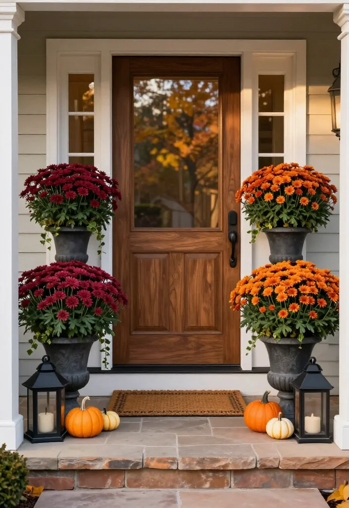 15 Stunning Mums Front Porch Ideas That'll Make Your Home Look Fall-Ready Overnight! 2 15 Stunning Mums Front Porch Ideas That'll Make Your Home Look Fall-Ready Overnight! - 1. Frame the Door With Matching Mums in Tall Urns 1