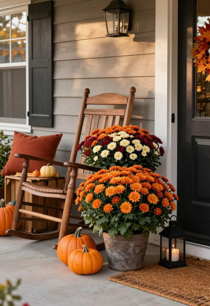 15 Stunning Mums Front Porch Ideas That'll Make Your Home Look Fall-Ready Overnight! 53 15 Stunning Mums Front Porch Ideas That'll Make Your Home Look Fall-Ready Overnight! - 10. Add a Rocking Chair Beside a Full Mum Arrangement 1