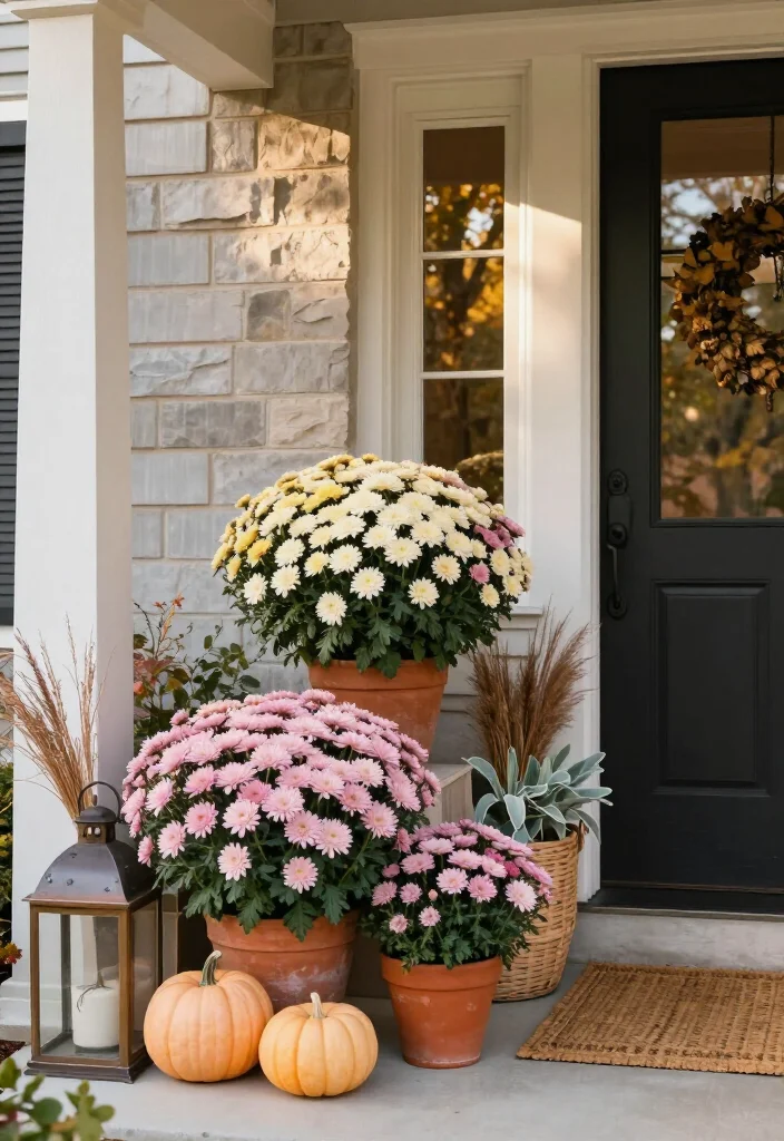 15 Stunning Mums Front Porch Ideas That'll Make Your Home Look Fall-Ready Overnight! 64 15 Stunning Mums Front Porch Ideas That'll Make Your Home Look Fall-Ready Overnight! - 11. Soften the Entry With Pink and Cream Mums 1