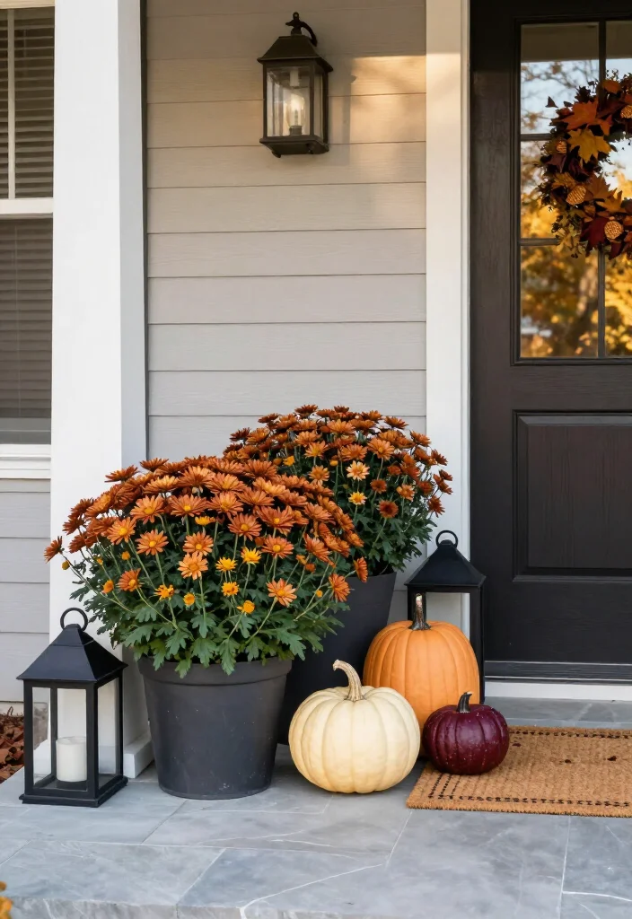 15 Stunning Mums Front Porch Ideas That'll Make Your Home Look Fall-Ready Overnight! 65 15 Stunning Mums Front Porch Ideas That'll Make Your Home Look Fall-Ready Overnight! - 12. Try a Modern Neutral Porch With Bronze Mums 1