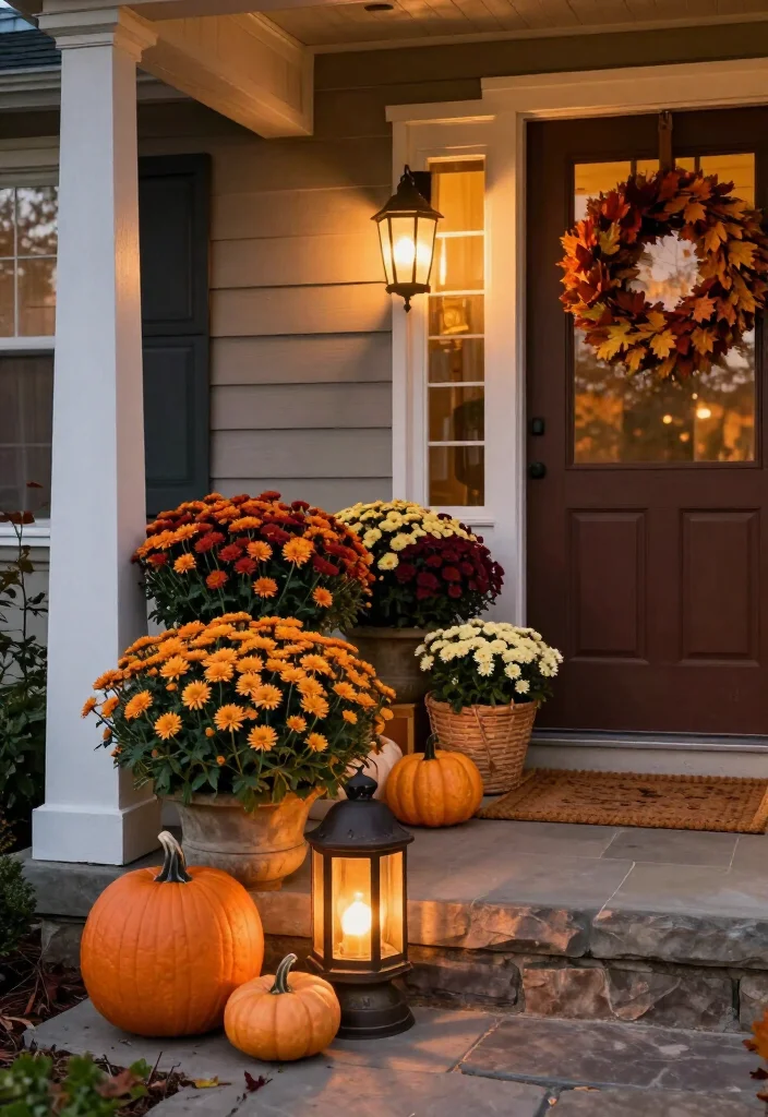 15 Stunning Mums Front Porch Ideas That'll Make Your Home Look Fall-Ready Overnight! 67 15 Stunning Mums Front Porch Ideas That'll Make Your Home Look Fall-Ready Overnight! - 13. Bring Warmth to Evening Mums With Lanterns 1