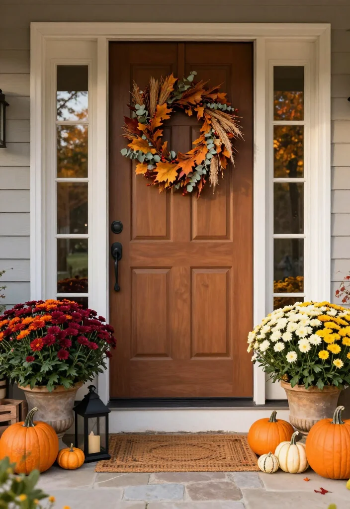 15 Stunning Mums Front Porch Ideas That'll Make Your Home Look Fall-Ready Overnight! 68 15 Stunning Mums Front Porch Ideas That'll Make Your Home Look Fall-Ready Overnight! - 14. Match Mums to an Autumn Wreath 1