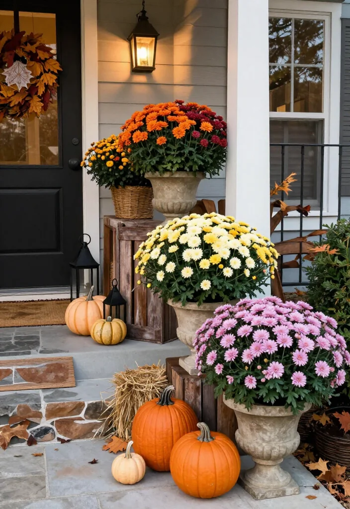 15 Stunning Mums Front Porch Ideas That'll Make Your Home Look Fall-Ready Overnight! 69 15 Stunning Mums Front Porch Ideas That'll Make Your Home Look Fall-Ready Overnight! - 15. Layer Long-Lasting Mums for a Full Season Display 1