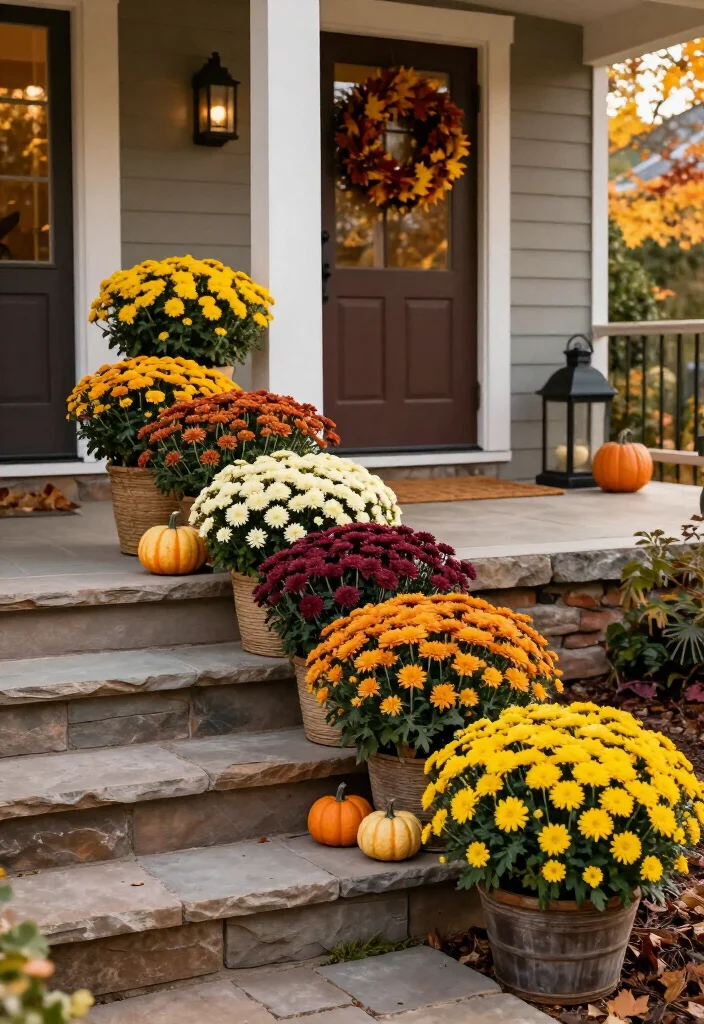 15 Stunning Mums Front Porch Ideas That'll Make Your Home Look Fall-Ready Overnight! 3 15 Stunning Mums Front Porch Ideas That'll Make Your Home Look Fall-Ready Overnight! - 2. Turn the Front Steps Into a Colorful Mums Cascade 1