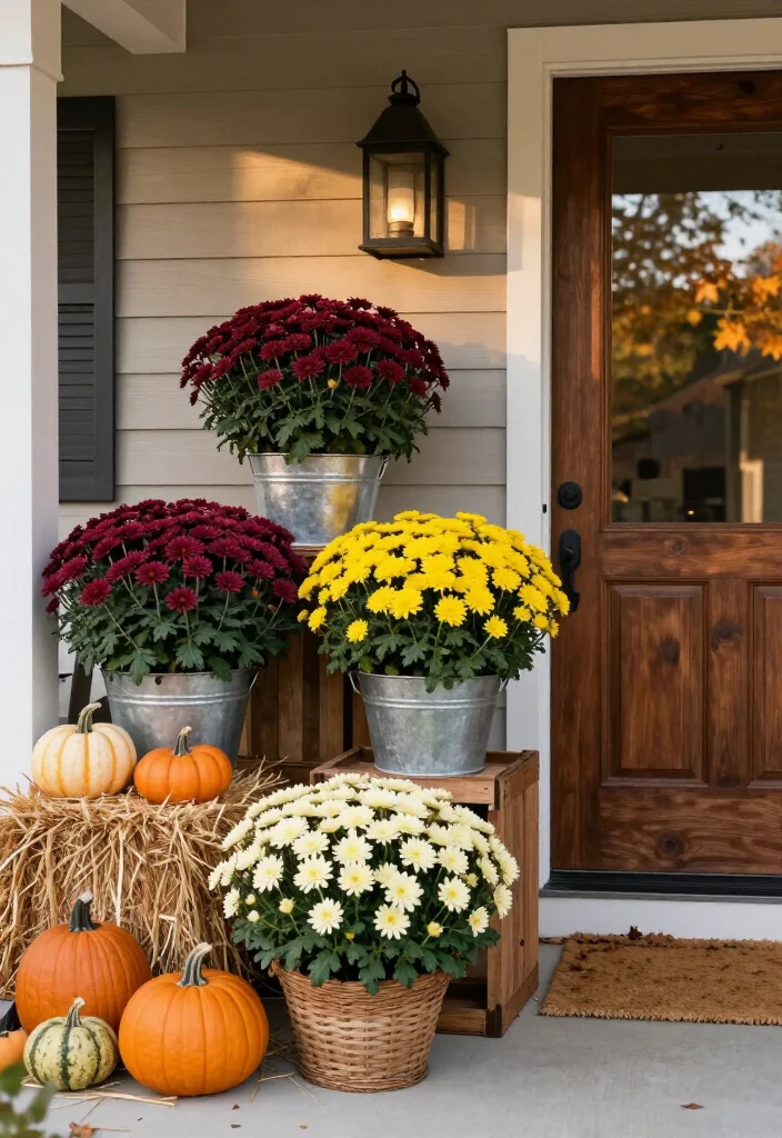 15 Stunning Mums Front Porch Ideas That'll Make Your Home Look Fall-Ready Overnight! 15 15 Stunning Mums Front Porch Ideas That'll Make Your Home Look Fall-Ready Overnight! - 4. Add Farmhouse Charm With Crates, Hay, and Mums 1