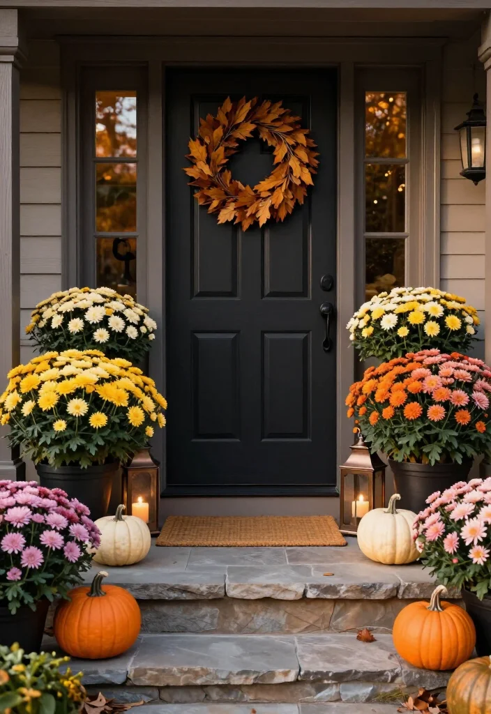 15 Stunning Mums Front Porch Ideas That'll Make Your Home Look Fall-Ready Overnight! 26 15 Stunning Mums Front Porch Ideas That'll Make Your Home Look Fall-Ready Overnight! - 5. Make Bright Mums Pop Against a Dark Front Door 1