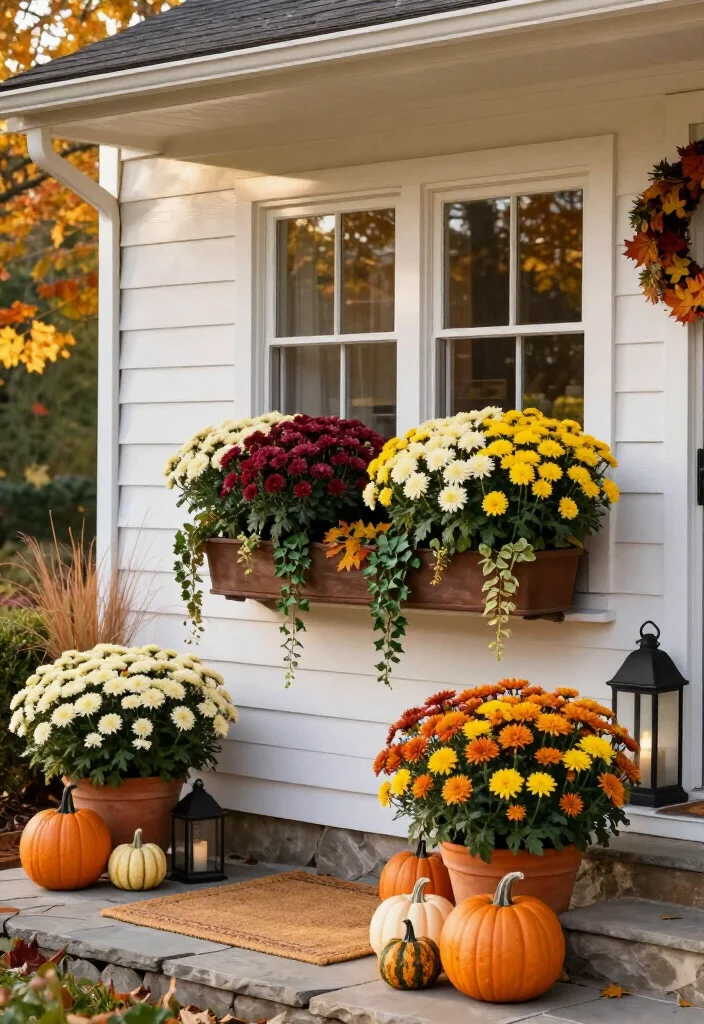 15 Stunning Mums Front Porch Ideas That'll Make Your Home Look Fall-Ready Overnight! 27 15 Stunning Mums Front Porch Ideas That'll Make Your Home Look Fall-Ready Overnight! - 6. Pair Window Boxes With Ground-Level Mums 1