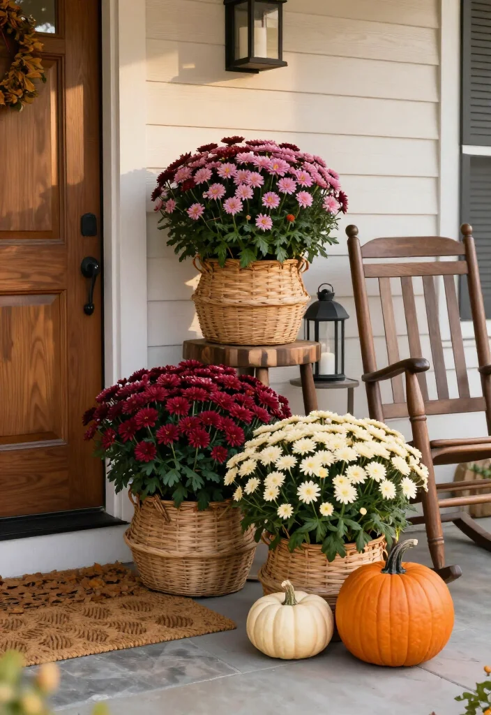 15 Stunning Mums Front Porch Ideas That'll Make Your Home Look Fall-Ready Overnight! 28 15 Stunning Mums Front Porch Ideas That'll Make Your Home Look Fall-Ready Overnight! - 7. Use Woven Baskets for a Softer Mums Display 1