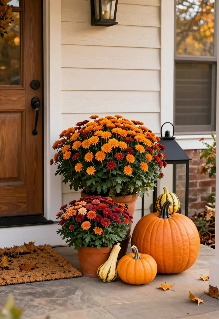 15 Stunning Mums Front Porch Ideas That'll Make Your Home Look Fall-Ready Overnight! 31 15 Stunning Mums Front Porch Ideas That'll Make Your Home Look Fall-Ready Overnight! - 8. Create a Mums and Pumpkin Trio 1
