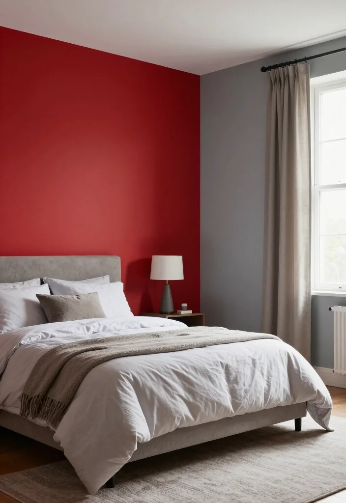 15 Stunning Two-Color Combinations for Bedroom Walls That Will Inspire You! - 13. Bold Red and Cool Gray 1