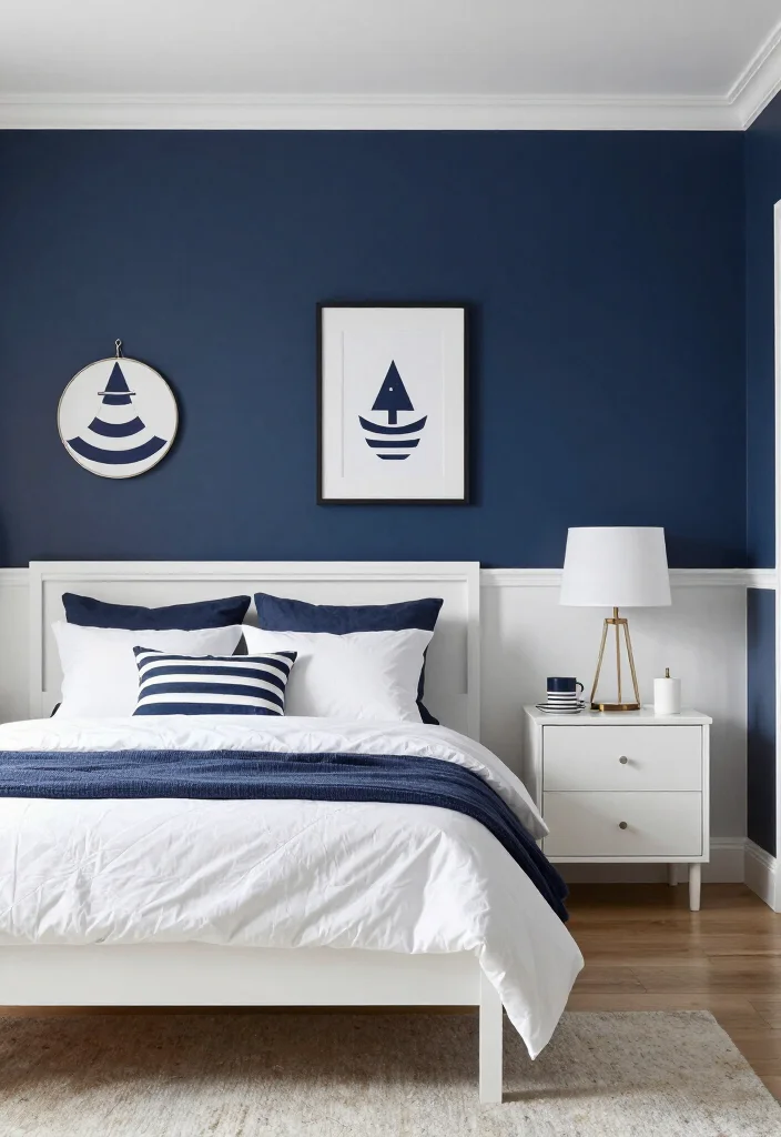 15 Stunning Two-Color Combinations for Bedroom Walls That Will Inspire You! - 8. Rich Navy and Crisp White 1