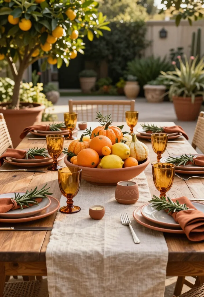 Outdoor Thanksgiving Table Setups for Warm Climates / 15 Thanksgiving Outdoor Table Setups for Warm-Weather Climates: Beautiful Ideas for a Festive Gathering - 1. Citrus and Terracotta Sunshine Table 1