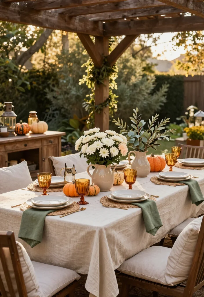 15 Thanksgiving Outdoor Table Setups for Warm-Weather Climates: Beautiful Ideas for a Festive Gathering - 11. Shaded Pergola Table with Soft Linen Layers 1