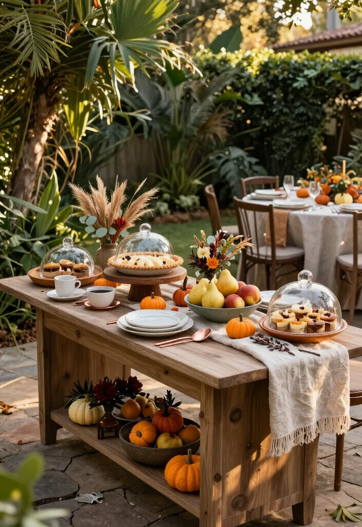 15 Thanksgiving Outdoor Table Setups for Warm-Weather Climates: Beautiful Ideas for a Festive Gathering - 12. Harvest Dessert Table in the Garden 1
