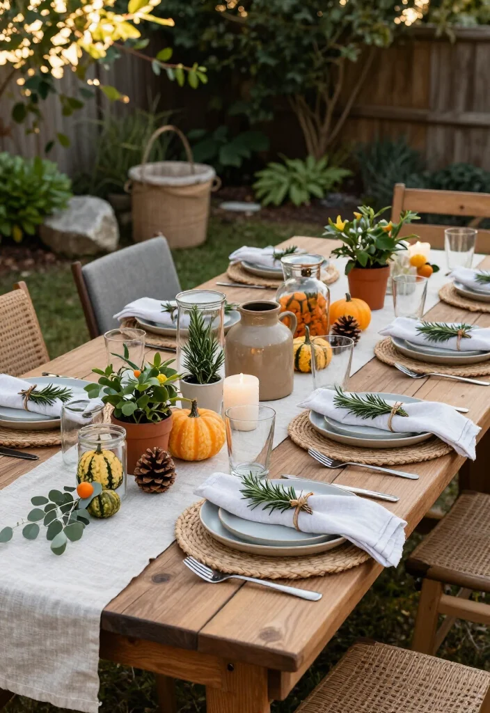 15 Thanksgiving Outdoor Table Setups for Warm-Weather Climates: Beautiful Ideas for a Festive Gathering - 14. Low-Waste Table with Reusable Natural Decor 1
