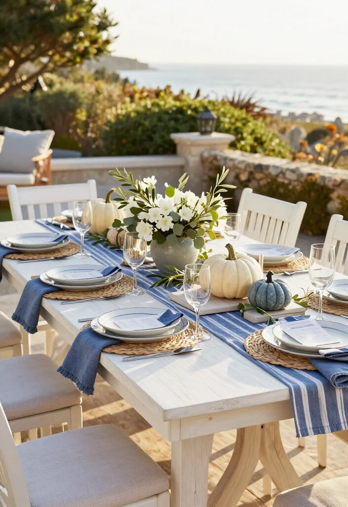 Outdoor Thanksgiving Table Setups for Warm Climates / 15 Thanksgiving Outdoor Table Setups for Warm-Weather Climates: Beautiful Ideas for a Festive Gathering - 2. Coastal Blue and White Thanksgiving Table 1