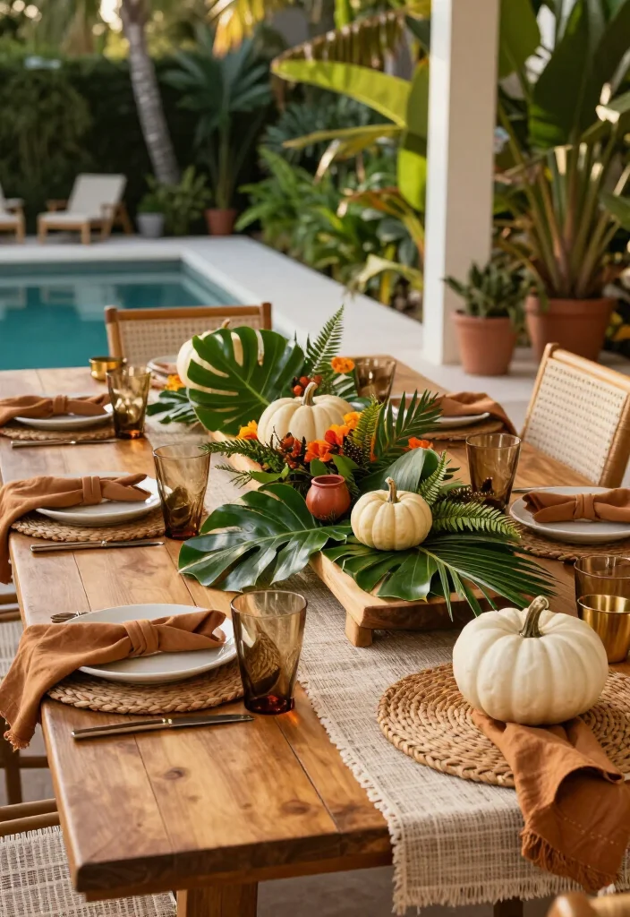 15 Thanksgiving Outdoor Table Setups for Warm-Weather Climates: Beautiful Ideas for a Festive Gathering - 3. Tropical Greenery with Soft Harvest Colors 1