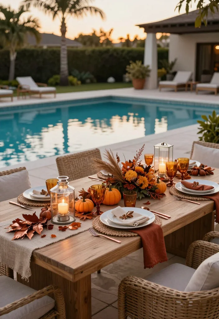 15 Thanksgiving Outdoor Table Setups for Warm-Weather Climates: Beautiful Ideas for a Festive Gathering - 4. Sunset Poolside Table with Glowing Lanterns 1