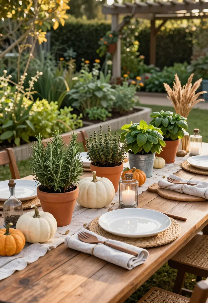 15 Thanksgiving Outdoor Table Setups for Warm-Weather Climates: Beautiful Ideas for a Festive Gathering - 7. Garden Herb Table with Fragrant Greenery 1