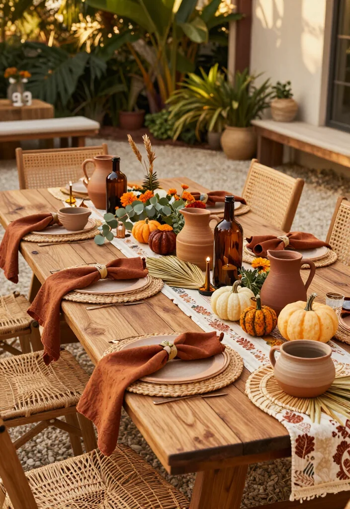 15 Thanksgiving Outdoor Table Setups for Warm-Weather Climates: Beautiful Ideas for a Festive Gathering - 8. Relaxed Boho Table with Woven Layers 1