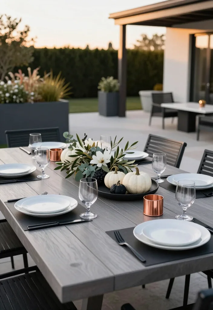 15 Thanksgiving Outdoor Table Setups for Warm-Weather Climates: Beautiful Ideas for a Festive Gathering - 9. Modern Black, White, and Copper Setting 1