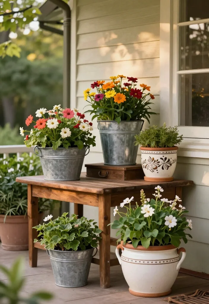 16 Charming Rustic Vintage Porch Decor Ideas to Make Your Home Feel Extra Cozy (Don't Miss #12!) - 11. Vintage Planters 1