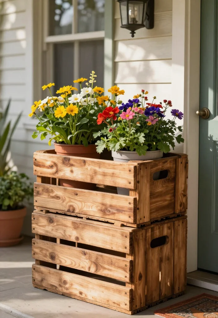 16 Charming Rustic Vintage Porch Decor Ideas to Make Your Home Feel Extra Cozy (Don't Miss #12!) - 3. Weathered Wooden Crates 1