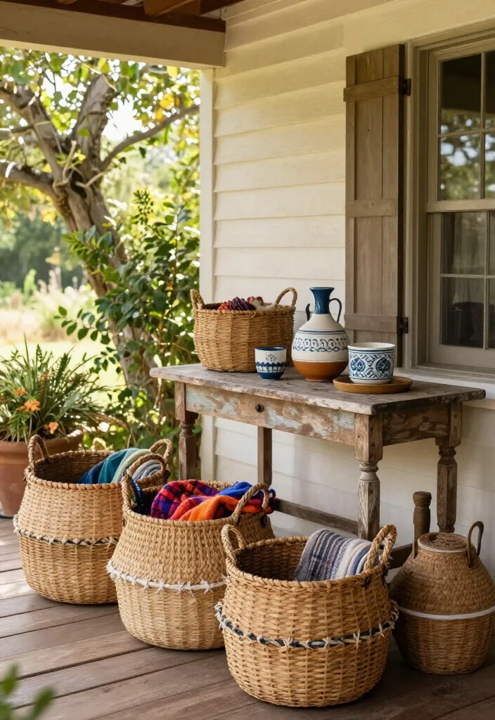 16 Charming Rustic Vintage Porch Decor Ideas to Make Your Home Feel Extra Cozy (Don't Miss #12!) - 9. Woven Baskets 1