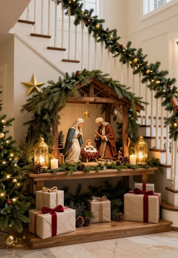 16 Stunning Nativity Set Display Ideas That'll Make Your Christmas Decor the Talk of the Season - 10. Create a Grand Staircase Landing Display 1