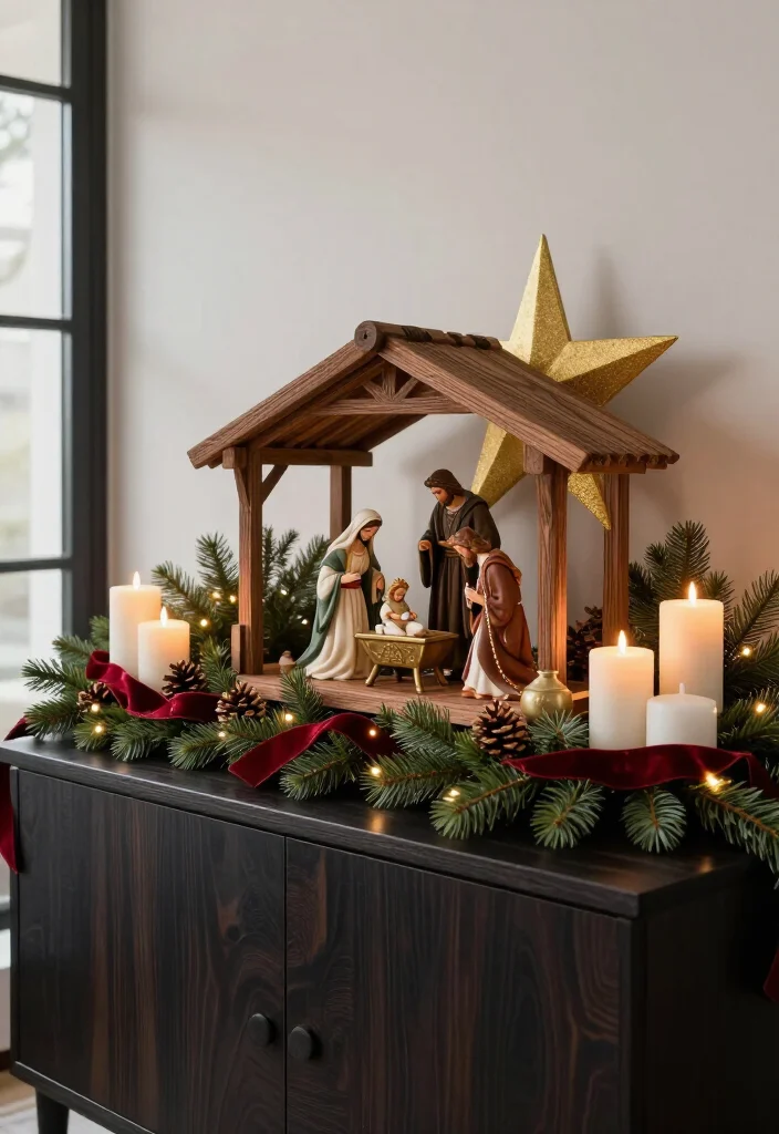 16 Stunning Nativity Set Display Ideas That'll Make Your Christmas Decor the Talk of the Season - 16. Create a Dramatic Black-and-Gold Nativity Moment 1