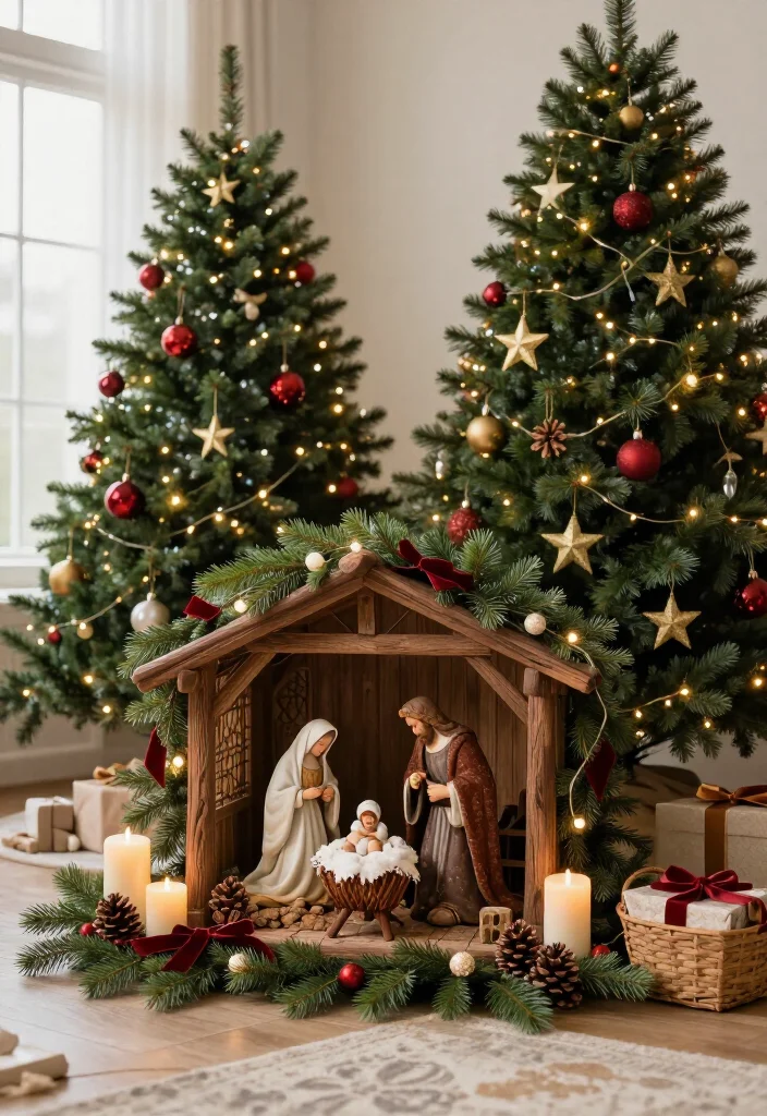 16 Stunning Nativity Set Display Ideas That'll Make Your Christmas Decor the Talk of the Season - 17. Layer a Nativity into a Christmas Tree Corner 1