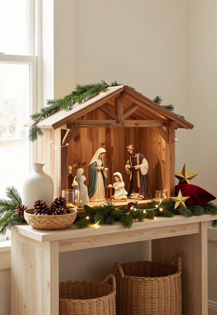16 Stunning Nativity Set Display Ideas That'll Make Your Christmas Decor the Talk of the Season - 18. Use a Neutral Console for a Collected Statement Display 1