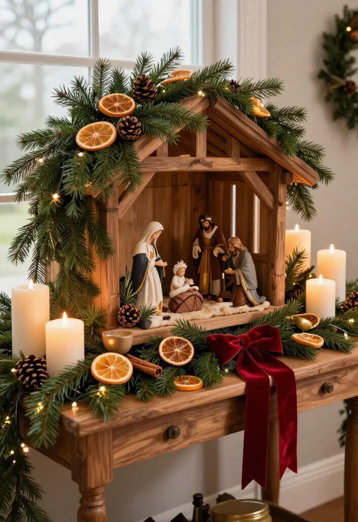 16 Stunning Nativity Set Display Ideas That'll Make Your Christmas Decor the Talk of the Season - 20. Arrange a Nativity with Fresh Greenery and Citrus 1
