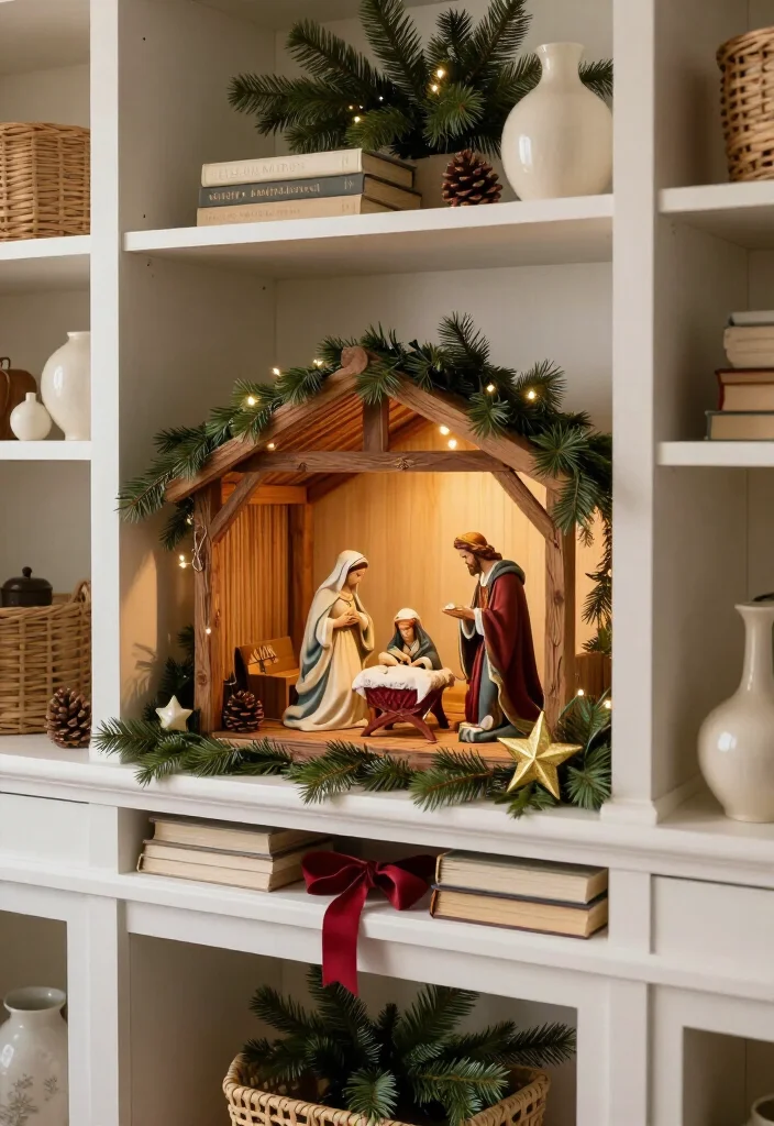16 Stunning Nativity Set Display Ideas That'll Make Your Christmas Decor the Talk of the Season - 7. Style a Shelf with a Layered Nativity Scene 1