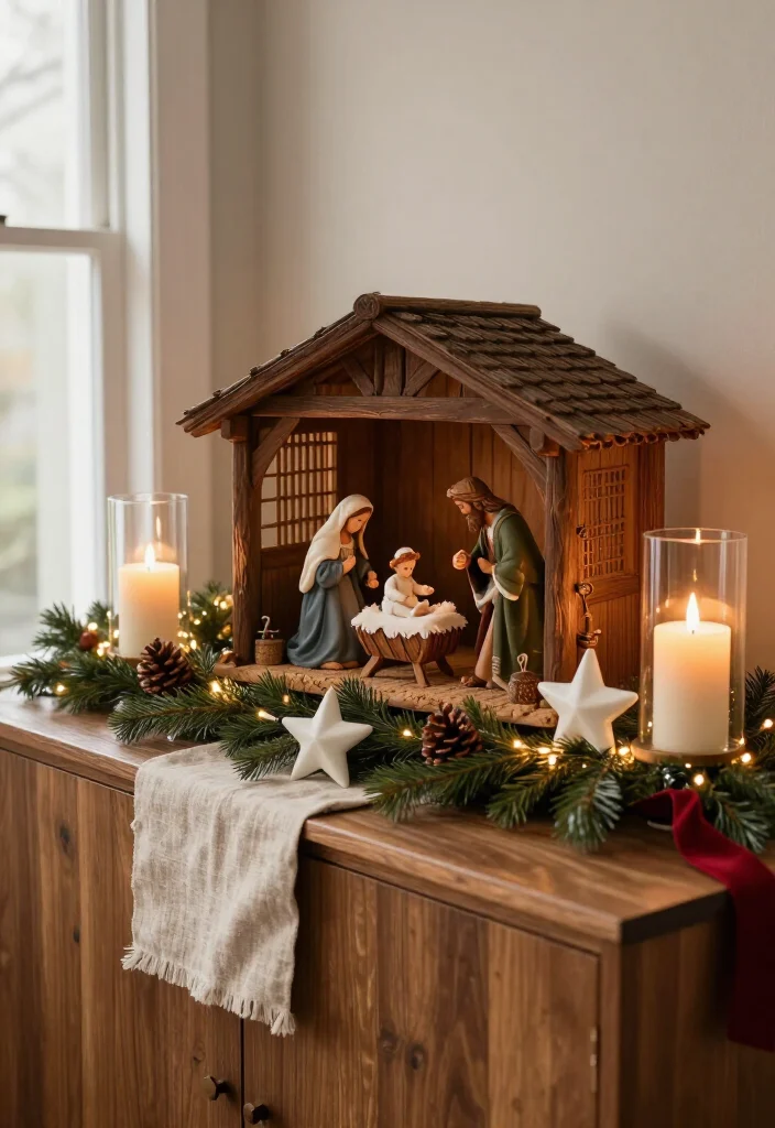 16 Stunning Nativity Set Display Ideas That'll Make Your Christmas Decor the Talk of the Season - 8. Add a Candlelit Nativity to a Quiet Sideboard 1