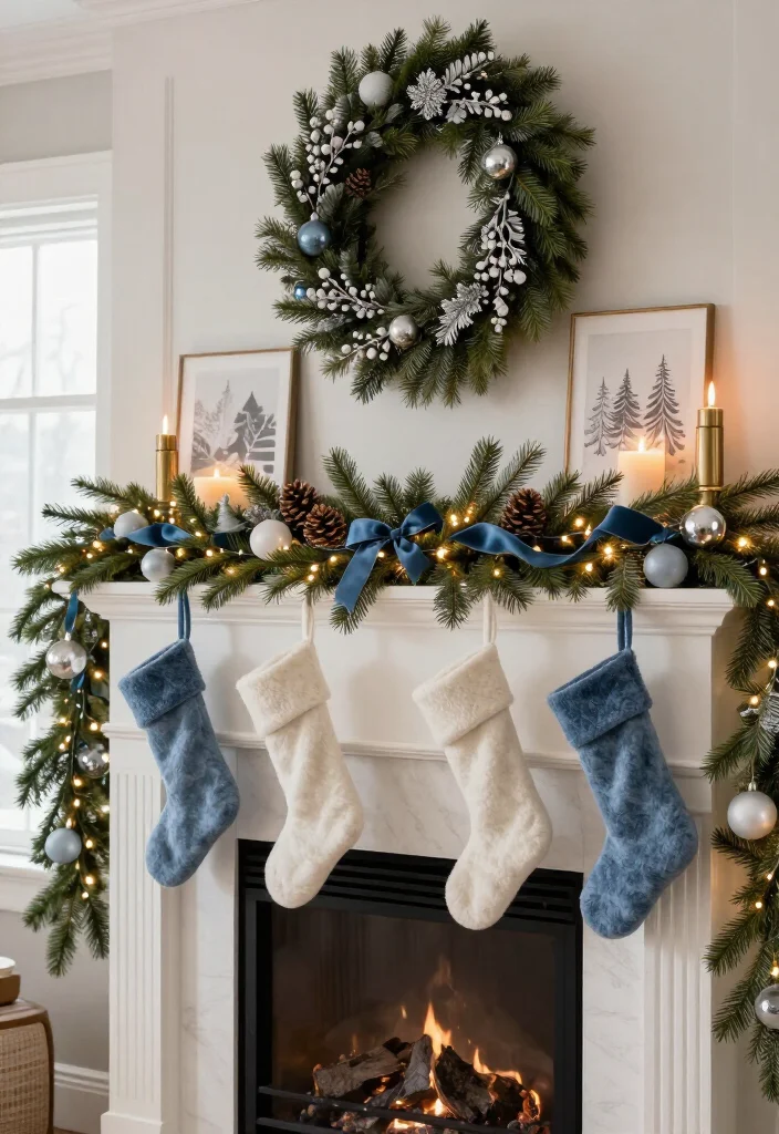 17 Best Christmas Mantel Decor Ideas That’ll Make Your Fireplace the Star of the Season (You’ll Want to Copy #9!) 46 17 Best Christmas Mantel Decor Ideas That’ll Make Your Fireplace the Star of the Season (You’ll Want to Copy #9!) - 13. Icy Blue, Silver, and Evergreen Christmas Decor 1