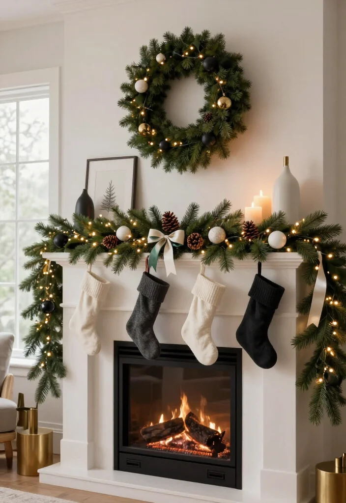 17 Best Christmas Mantel Decor Ideas That’ll Make Your Fireplace the Star of the Season (You’ll Want to Copy #9!) 71 17 Best Christmas Mantel Decor Ideas That’ll Make Your Fireplace the Star of the Season (You’ll Want to Copy #9!) - 16. Modern Monochrome Mantel with Clean Lines 1