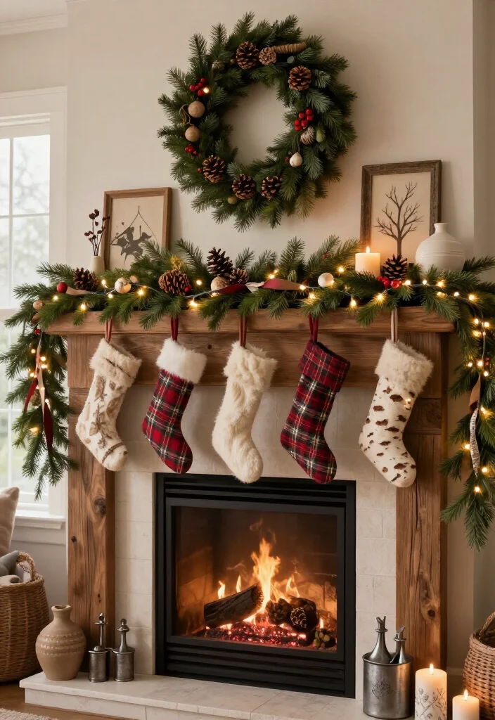 17 Best Christmas Mantel Decor Ideas That’ll Make Your Fireplace the Star of the Season (You’ll Want to Copy #9!) 7 17 Best Christmas Mantel Decor Ideas That’ll Make Your Fireplace the Star of the Season (You’ll Want to Copy #9!) - 6. Rustic Woodland Mantel with Natural Texture 1