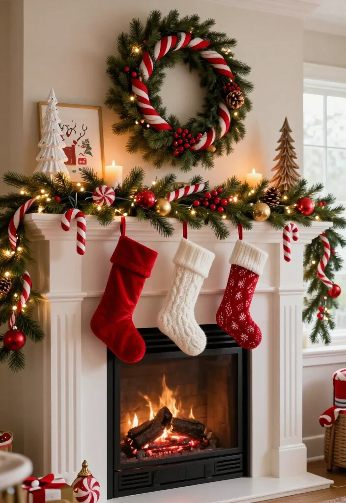 17 Best Christmas Mantel Decor Ideas That’ll Make Your Fireplace the Star of the Season (You’ll Want to Copy #9!) 8 17 Best Christmas Mantel Decor Ideas That’ll Make Your Fireplace the Star of the Season (You’ll Want to Copy #9!) - 7. Candy Cane Stripes with Playful Holiday Color 1