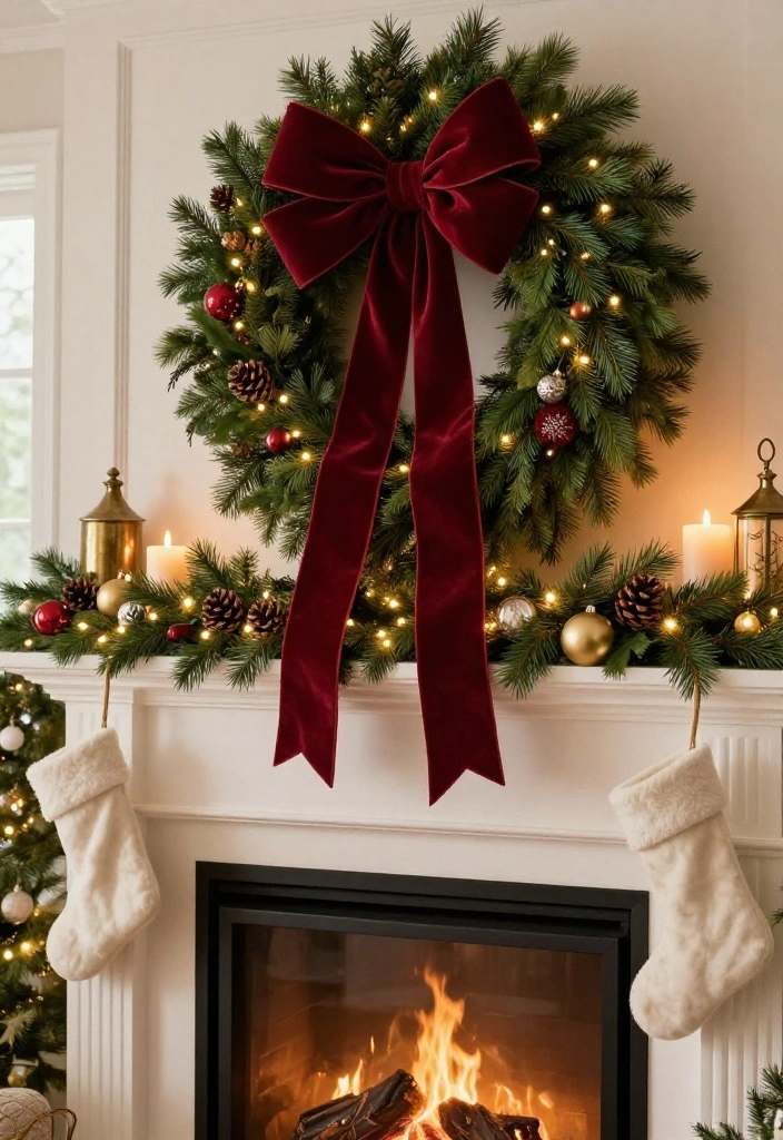 17 Best Christmas Mantel Decor Ideas That’ll Make Your Fireplace the Star of the Season (You’ll Want to Copy #9!) 12 17 Best Christmas Mantel Decor Ideas That’ll Make Your Fireplace the Star of the Season (You’ll Want to Copy #9!) - 9. The Oversized Bow and Wreath Moment You’ll Want to Copy 1