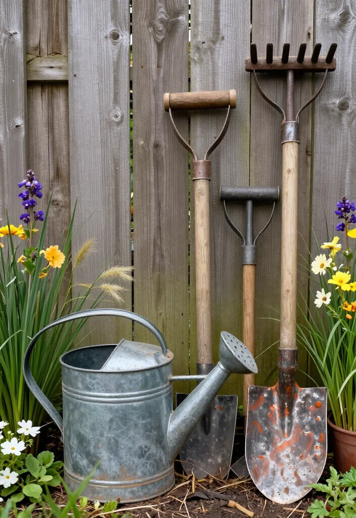 17 Charming Rustic Front Garden Ideas That Will Make Your Neighbors Envious! - 6. Vintage Garden Tools as Decor 1