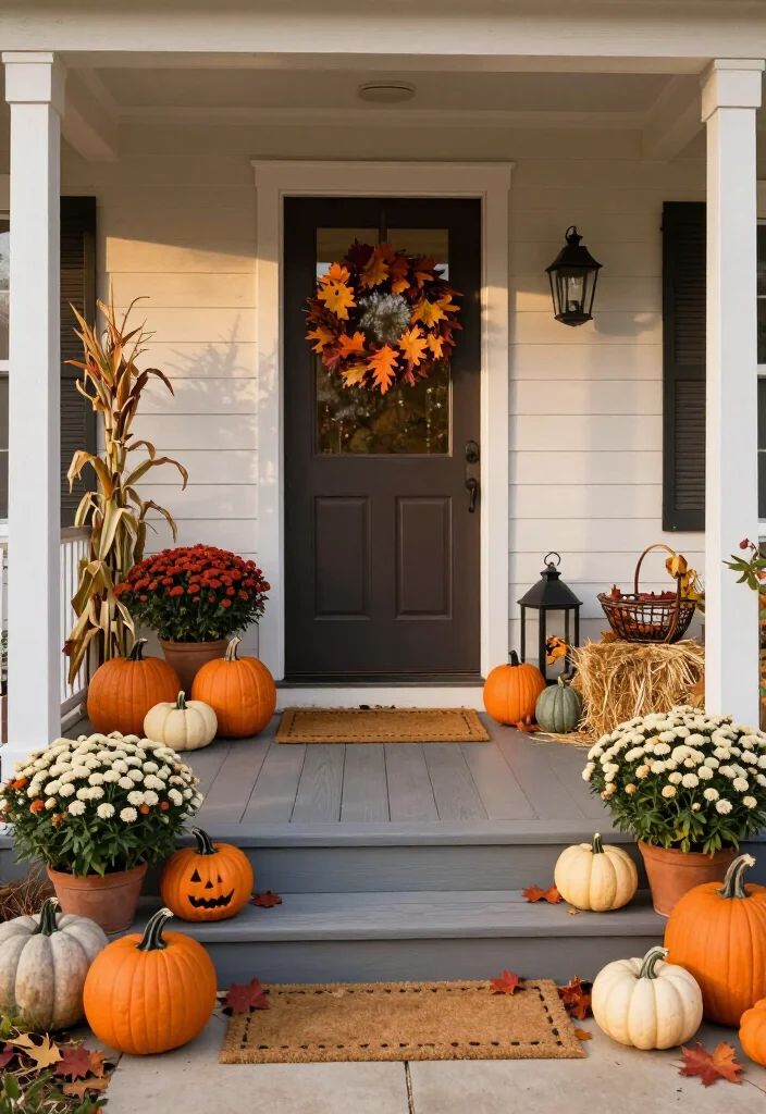 17 Clever Halloween-to-Thanksgiving Porch Decor Ideas That Make the Seasonal Switch Effortless (You’ll Want to Copy #9!) - 1. Start With a Pumpkin-and-Mum Foundation 1
